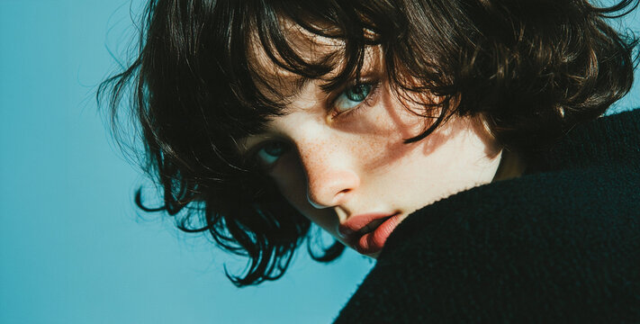 Close Up Portrait With Dark Hair and Blue Eyes