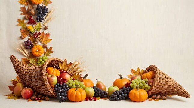 Abundant autumn harvest display with cornucopia baskets overflowing with fruits and pumpkins