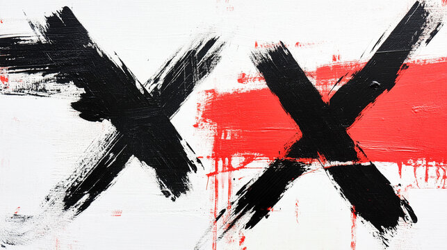 Black X Marks Over Red Abstract Brush Paint