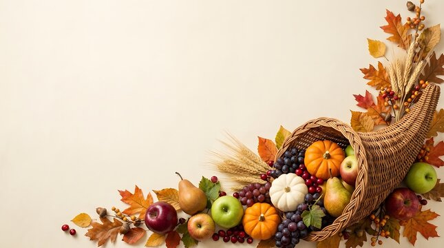 Cornucopia overflowing with autumn harvest fruits and gourds on a neutral background
