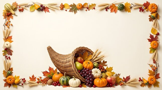 A bountiful cornucopia overflowing with fruits vegetables and grains framed by colorful autumn leaves on a white backdrop
