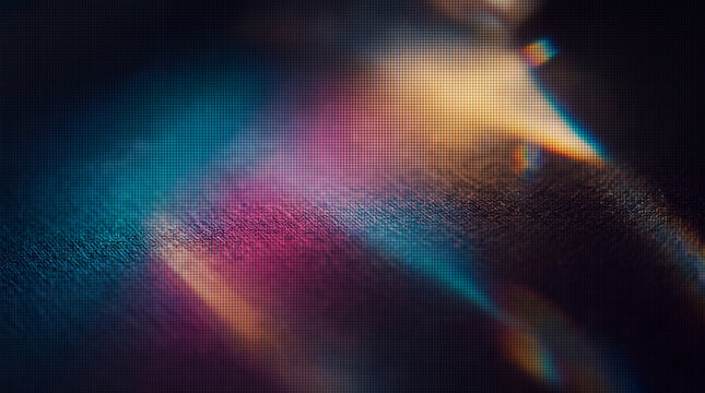 An abstract background featuring a fine pixel grid texture with vibrant neon light leaks and colorful chromatic aberration effects.