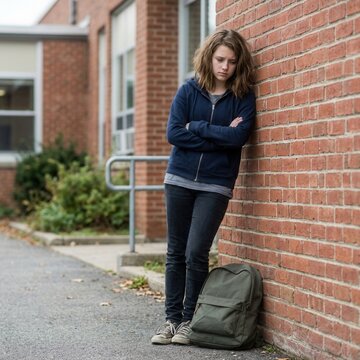 Sad Teenage Girl Leaning Against Brick Wall Outside School Feeling Alone and Isolated