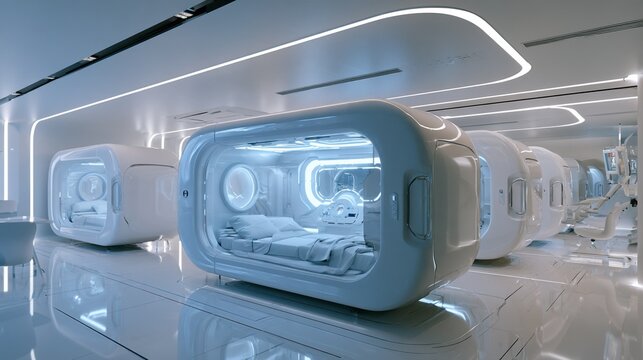 Futuristic hospital room with capsule sleep pods, sci-fi medical technology interior