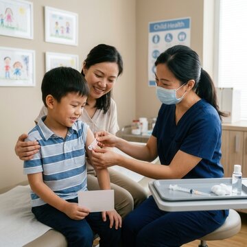 Pediatric Nurse Administering Vaccine to Young Boy with Mother Present in Clinic