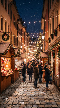 People exploring illuminated Christmas market stalls at night