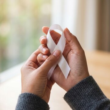 Person holding a white awareness ribbon symbol of peace hope and support for various causes