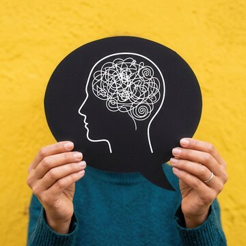 Person holding speech bubble with tangled brain illustration against yellow background symbolizing mental health confusion stress and thought process