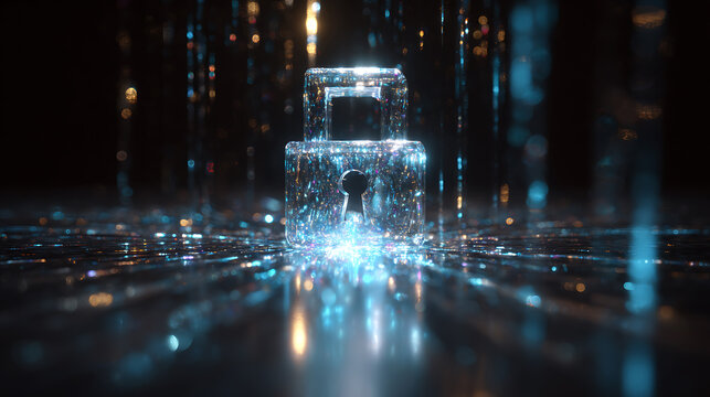 Futuristic cybersecurity concept featuring a glowing digital padlock surrounded by abstract data structures, representing data protection, privacy, encryption, secure networks and digital security