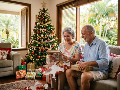 Senior couple smiling while opening Christmas gifts