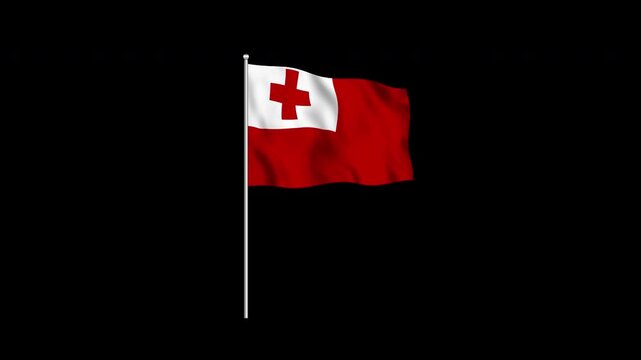 Animation of the Tonga flag fluttering on a flagpole against a transparent background in 4K