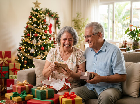 Senior couple opening gifts near the Christmas tree