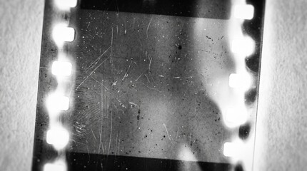 Obraz premium Old film texture with scratches, noise and light leaks. Realistic transparent overlay film texture in black-white, dust and grain. Distressed retro movie or photo negative effect of cinema nostalgia