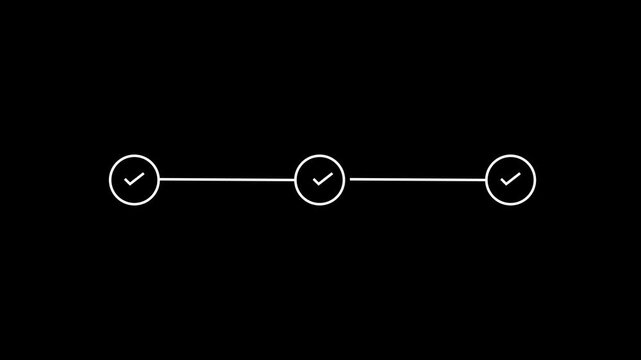 Animated 3 step process timeline for task progress bar, checkout workflow, order tracking, milestone verification, completed steps indicator, web interface navigation status loop animation..