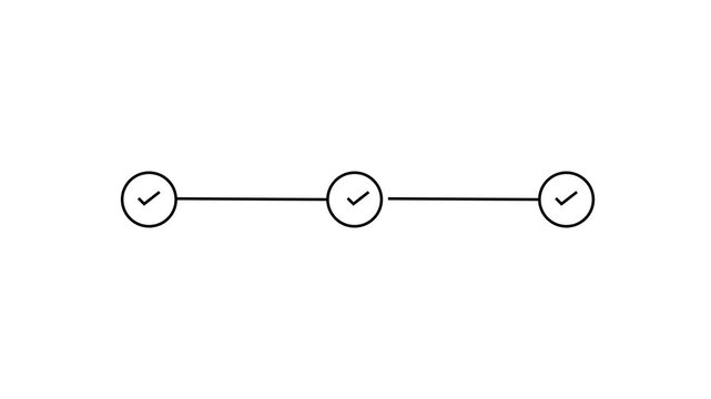 Animated 3 step process timeline for task progress bar, checkout workflow, order tracking, milestone verification, completed steps indicator, web interface navigation status loop animation..