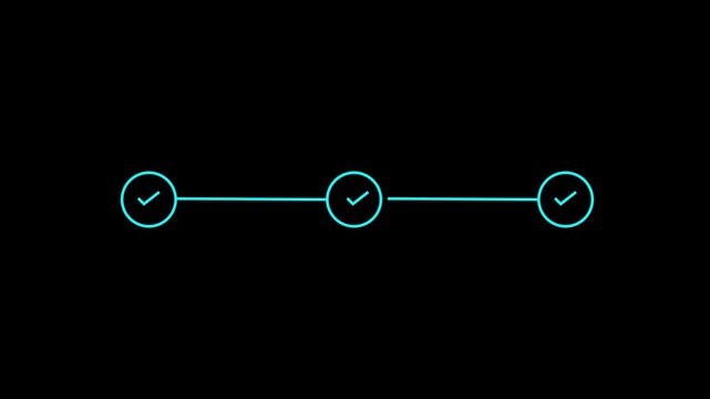 Animated 3 step process timeline for task progress bar, checkout workflow, order tracking, milestone verification, completed steps indicator, web interface navigation status loop animation..