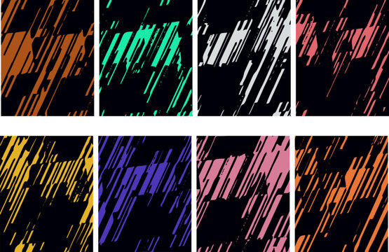 diagonal scratch grunge texture background set containing eight colorful extreme sports pattern layouts