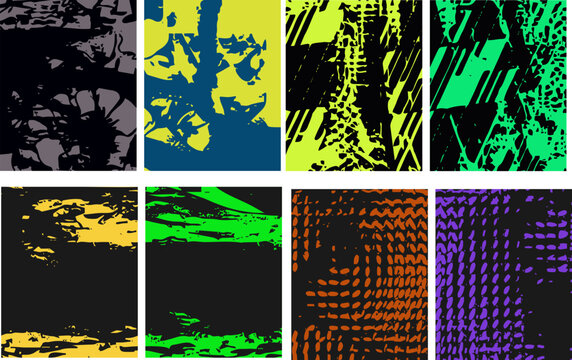 Abstract digital noise camouflage pattern background kit featuring eight colorful tactical apparel sublimation layouts