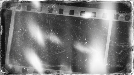 Obraz premium Old film texture with scratches, noise and light leaks. Realistic transparent overlay film texture in black-white, dust and grain. Distressed retro movie or photo negative effect of cinema nostalgia