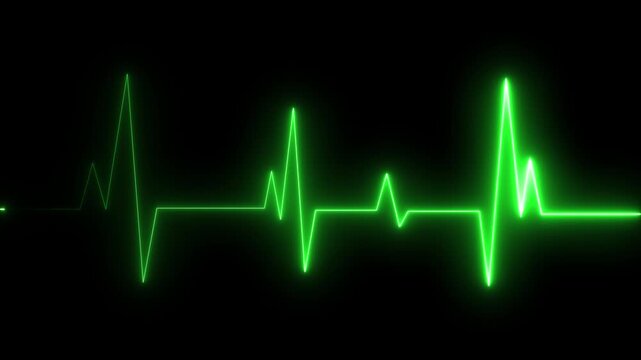 Neon green ecg heartbeat monitor pulse line animation on black background, medical