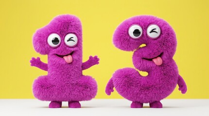 Obraz premium Funny Magenta Furry Number Thirteen Characters on Yellow Background