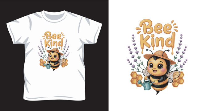 Cheerful bumblebee gardener with lavender and honeycombs illustration for environmental awareness merch design.