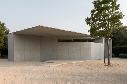 Modernist concrete pavilion on a pale gravel terrace with a slender tree