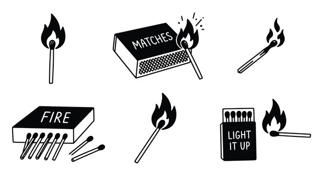 Black and white vector illustration depicting matches flames and a matchbox arrangement