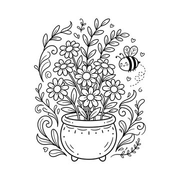 Cute daisy flowers in a pot with a flying bee line art illustration