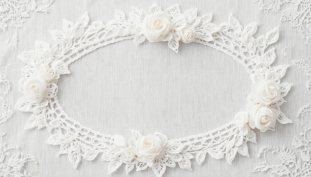 Elegant oval white lace frame with embroidered roses and circular cutouts on a transparent