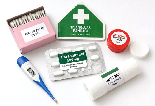 First aid kit essentials including bandage cotton swabs medicine and thermometer on white background