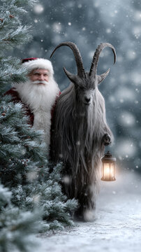 Krampus emerging from snowy forest, observing santa claus carrying a glowing lantern, depicting contrasting christmas folklore traditions and winter holiday duality