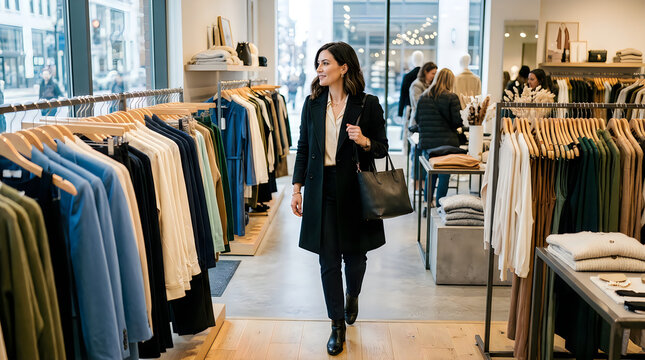 Elegant female customer walking through clothing store aisle browsing new collections.