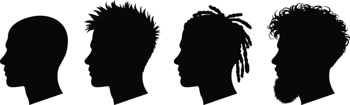 Four black silhouettes of male heads in profile showing different hair styles including bald, spiky, dreadlocks, and curly hair with a beard