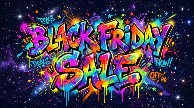 Vibrant graffiti style black friday sale typography art over dark starry background.
