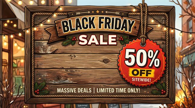Rustic wooden sign board for black friday sale with fifty percent off discount tag.