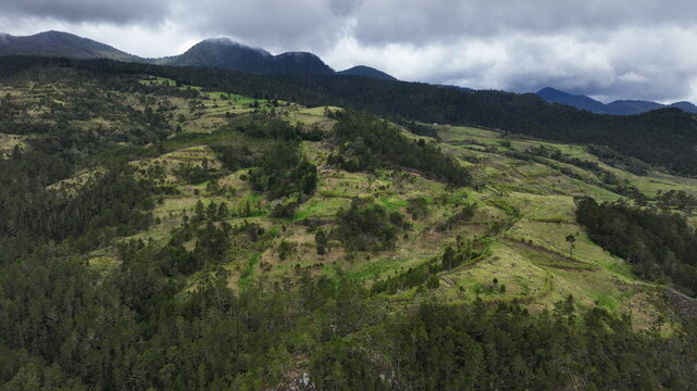 Aerial view of the mountainous landscape near Carretera al Salto de Aguas Blancas, featuring rolling green hills, pine forests, and terraced fields in Constanza, La Vega, Dominican Republic.