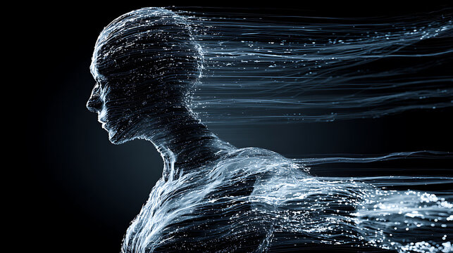 Futuristic human silhouette made of flowing digital lines, symbolizing artificial intelligence, cybersecurity, data networks, digital transformation, machine learning and future technology