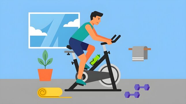 Flat minimal illustration of a man exercising on a stationary bicycle indoors, representing cardio training, cycling, fitness, physical activity, and healthy lifestyle.