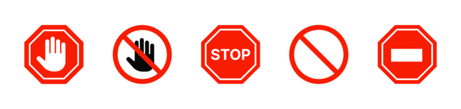 Stop and prohibition warning vector icon set. Red danger sign, hand stop signal, do not enter, no entry, and restriction road sign symbols.