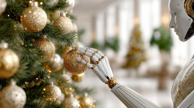 Advanced humanoid robot decorates a vibrant green christmas tree with shimmering gold baubles, blending sleek chrome robotics and warm holiday tradition in a futuristic home setting
