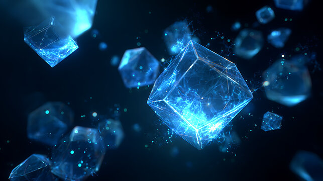 Futuristic cybersecurity technology with glowing blue digital cubes, energy particles and abstract network structures, representing artificial intelligence, data security and innovation
