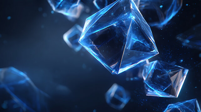 Abstract blue crystal cubes floating in a dark digital space, evoking cybersecurity, artificial intelligence, data technology, encryption, networks, futuristic computing systems concept