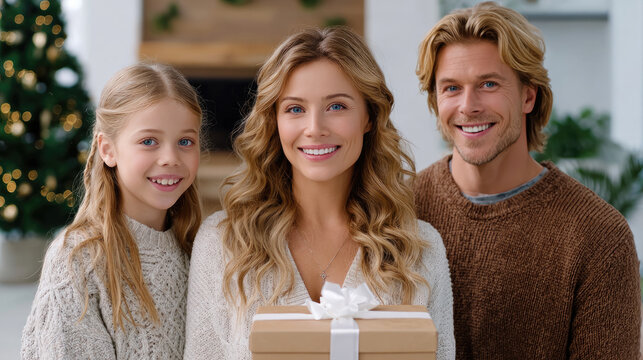 Smiling family celebrating christmas, mother holding a gift box, father and daughter standing together, sharing holiday joy and festive spirit at home