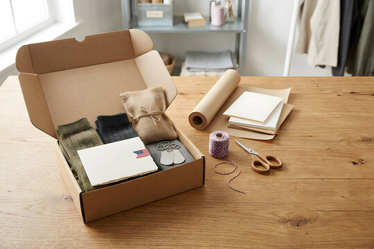 Care package box with socks dog tags burlap pouch on wood table