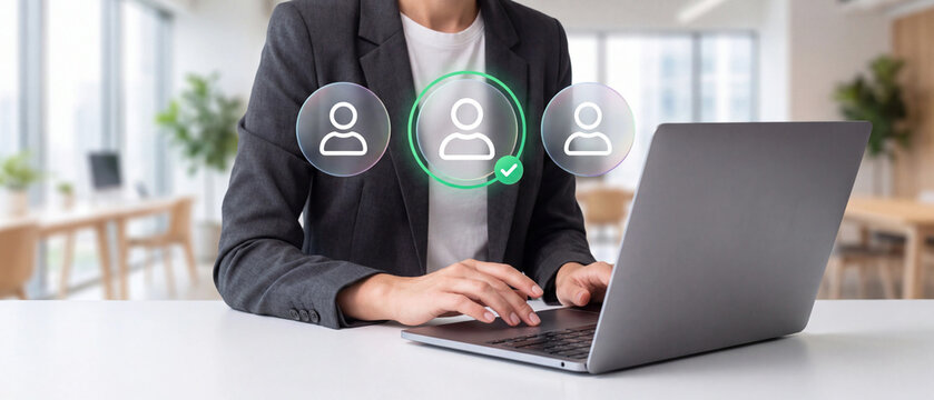 An HR specialist reviews candidates for a job opening. Concepts of job searching, hiring, and employment.