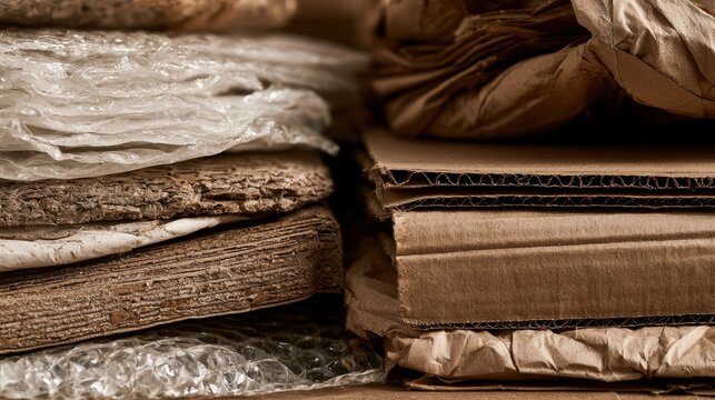 Recycled cardboard and paper materials stacked neatly together on a workshop table.