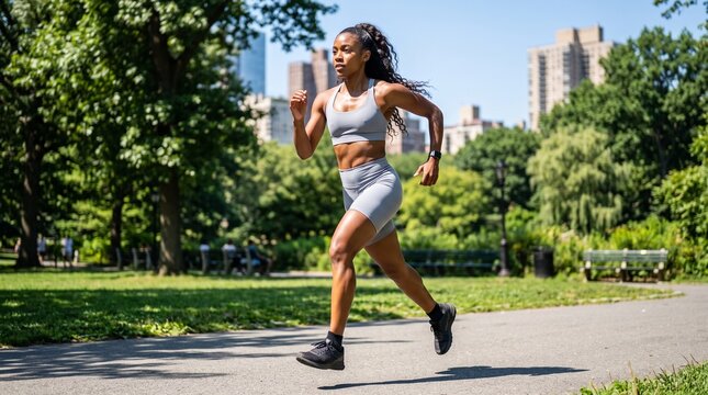 Runner woman sprinting forward on a paved path through a sunlit city park wearing a grey athletic top and shorts while maintaining a strong pace during her rigorous outdoor physical training session.
