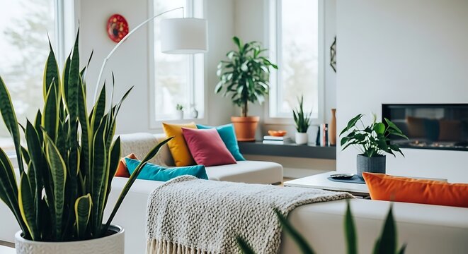 Modern bright living room interior featuring a white sofa with colorful accent pillows with decorated vibrant multi