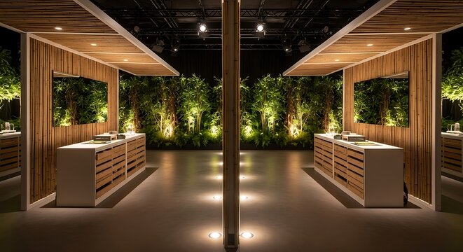 Modern exhibition booth design with bamboo walls and lush greenery in a dark indoor space with symmetrical wooden exhibition